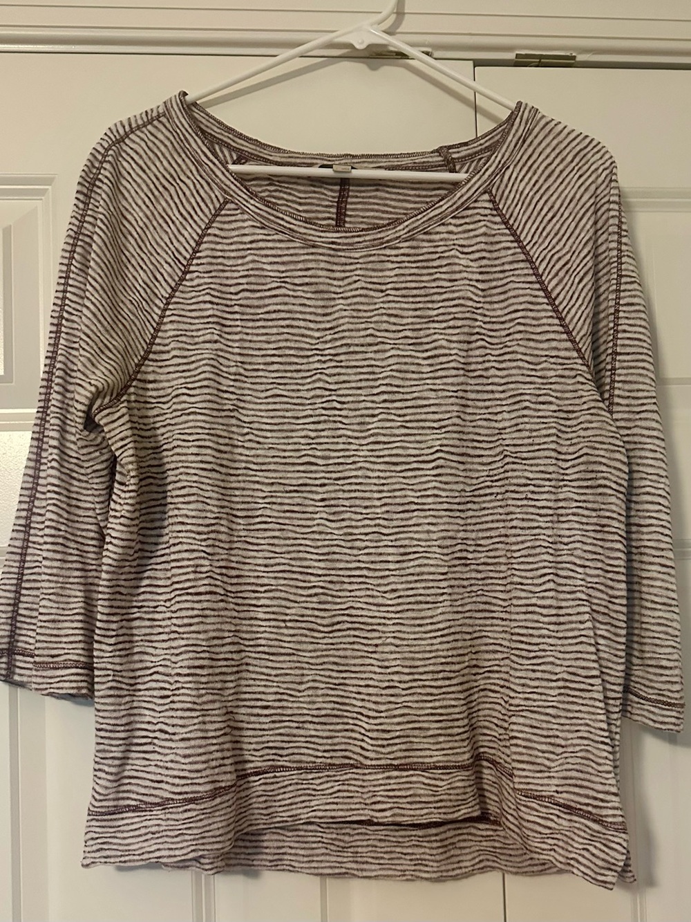 LOFT Cream and Burgundy Striped Long-Sleeve Tee